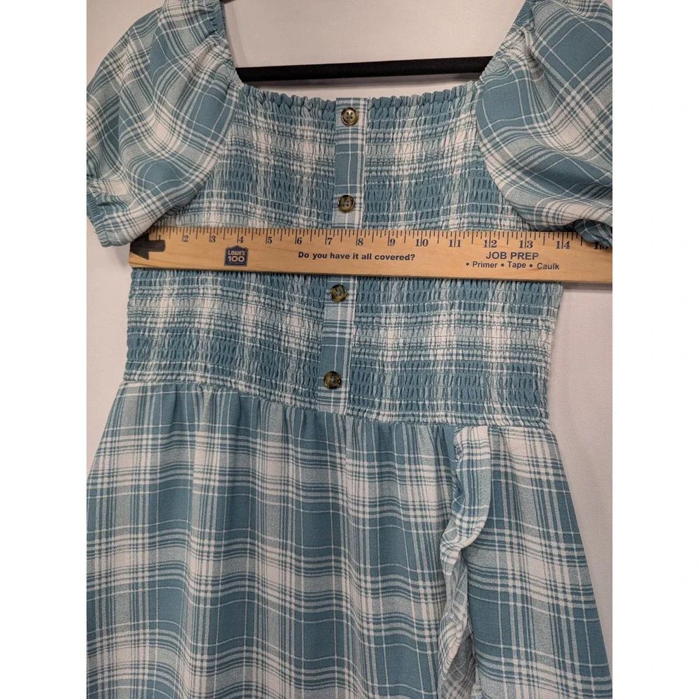 Wonder Nation Girls Plaid‎ Smocked Square Neck Ruffle Dress XL 14 16 Blue White